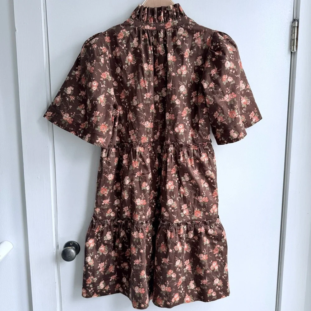 Tuckernuck Brown Floral Ruffle Neck Tiered Mini Dress - XS - Picture 4 of 10
